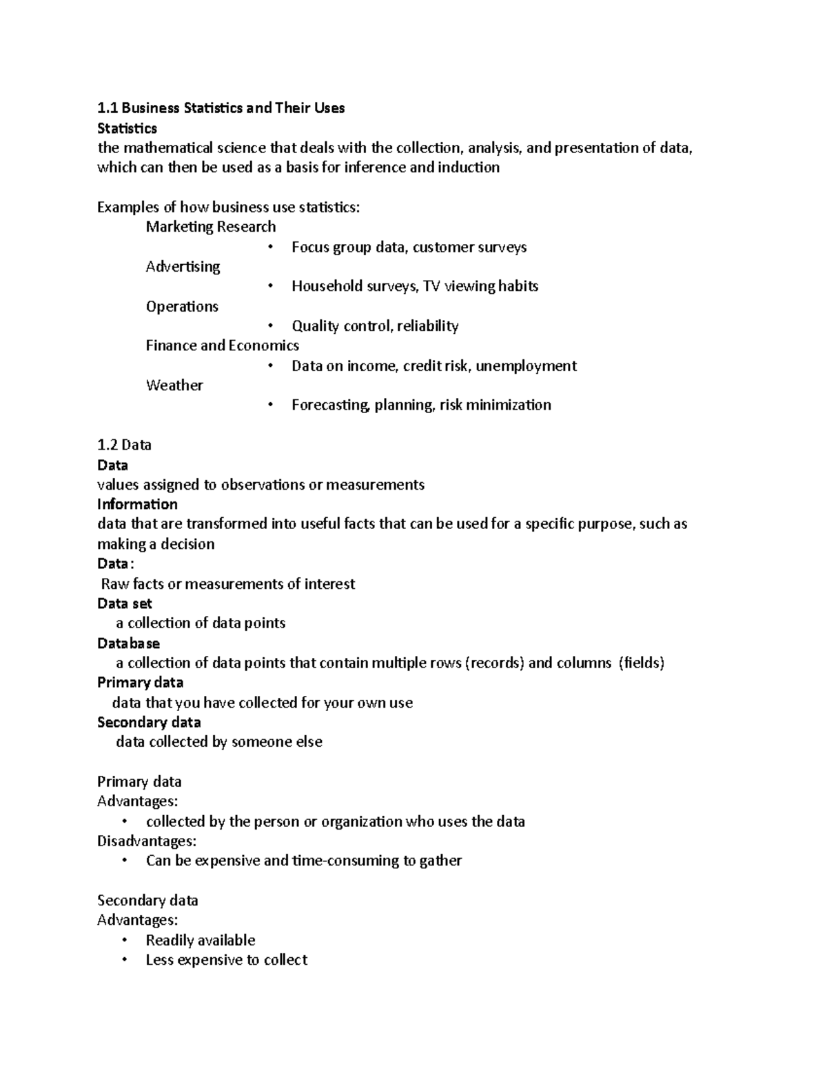 QMB 210 Chapter 1 - lecture notes from class - 1 Business Statistics ...