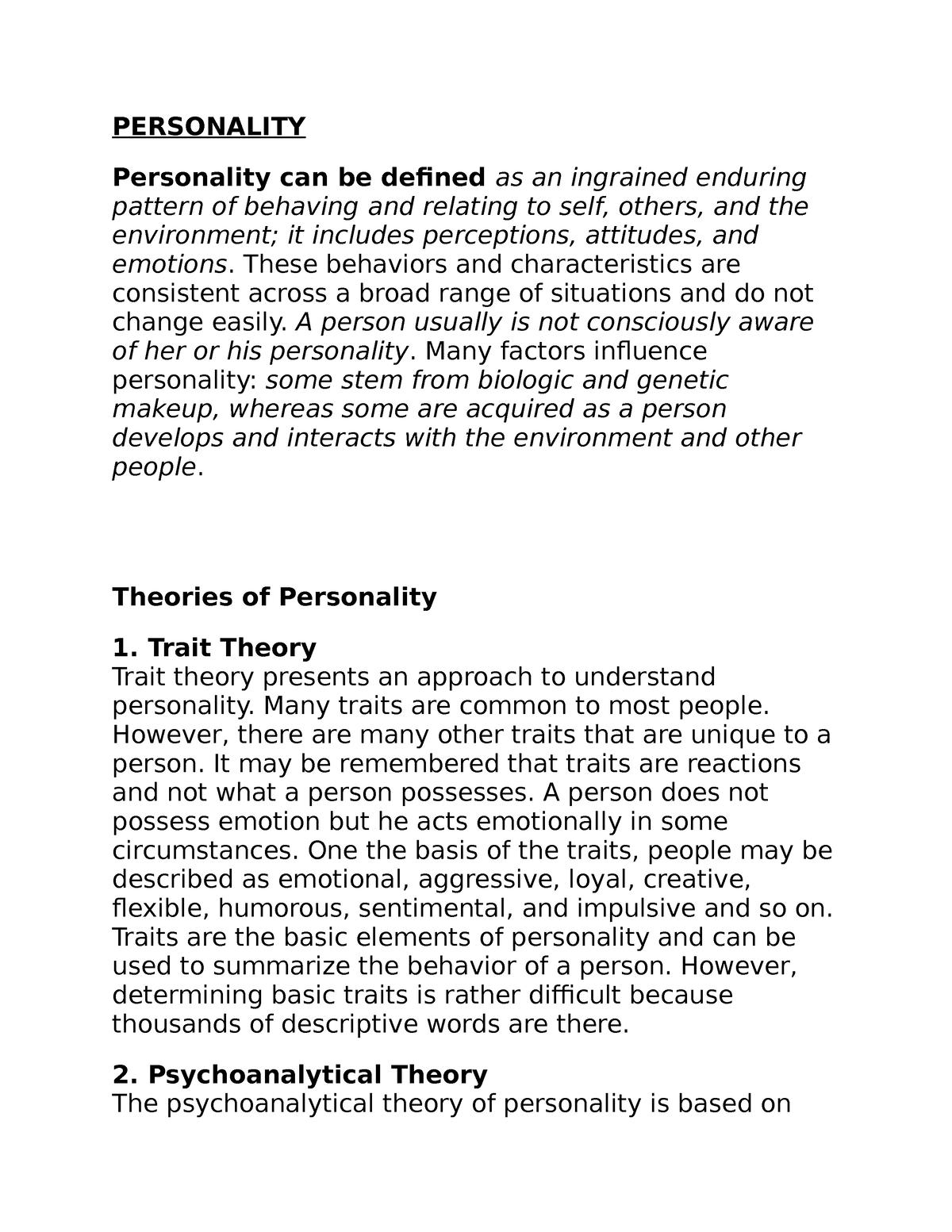 Additional Psychology Notes - PERSONALITY Personality can be defined as