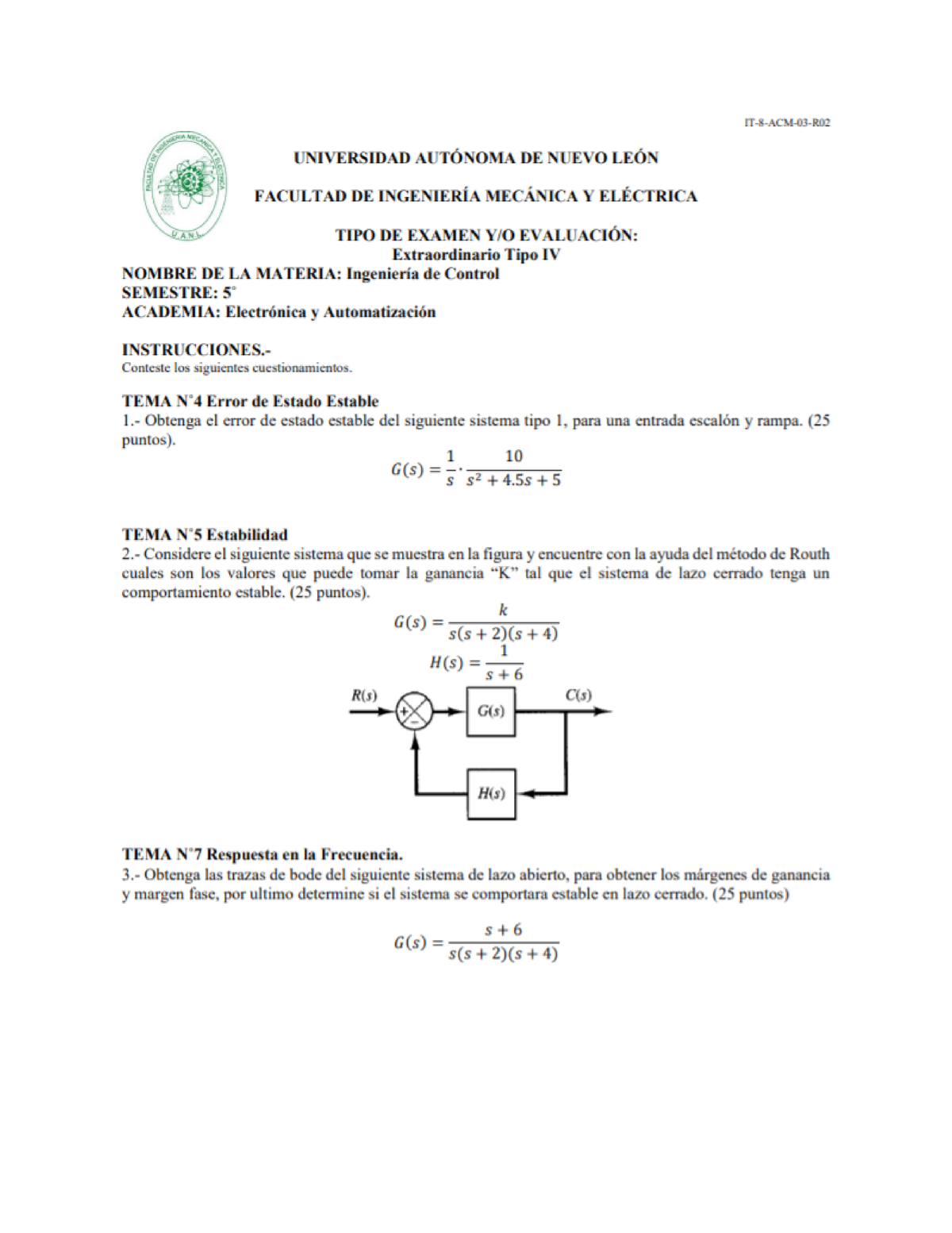 Examen Extra Ordinario De Ingenieria De Control - Ingeniería De Control ...