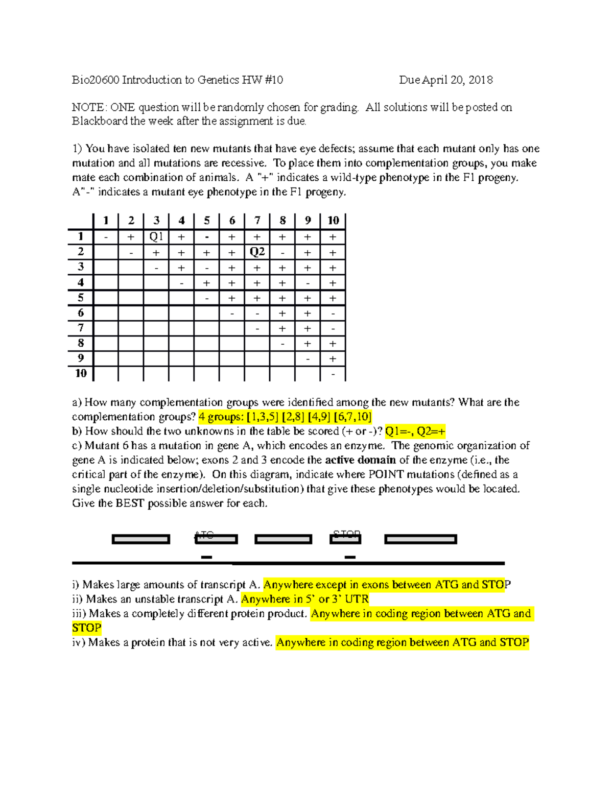 HW#10 Due 4 20 18key - Homework #10 answer key - Bio20600 Introduction ...