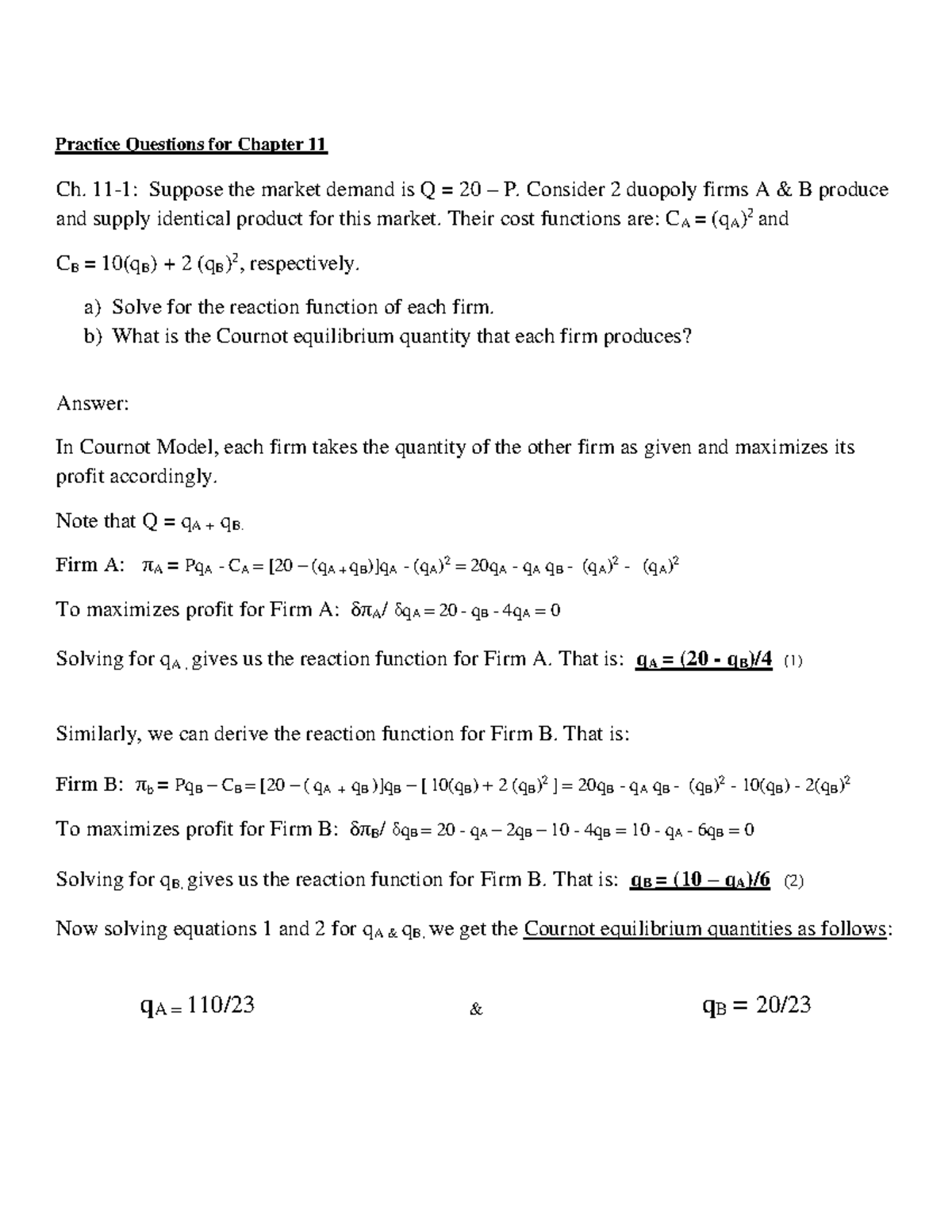 Ch 11 - Practice Q-A - Practice Questions for Chapter 11 Ch. 11-1 ...