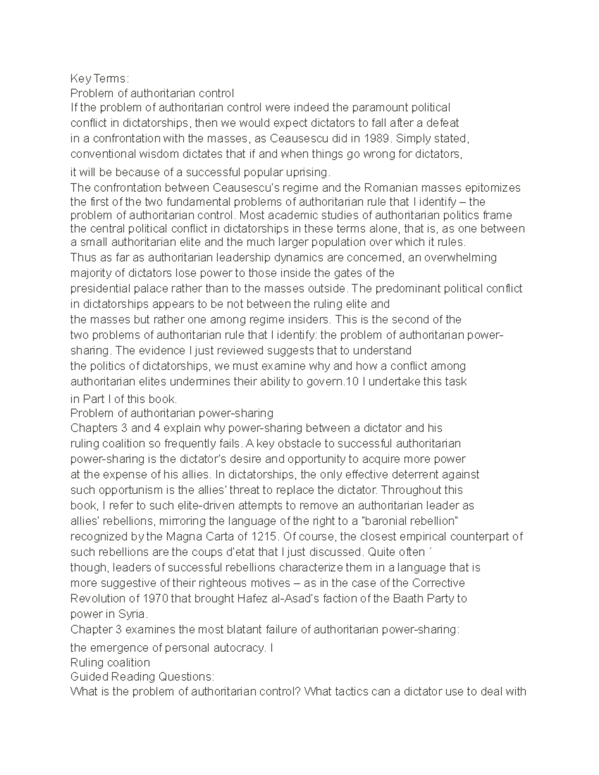 Lecture nine poli - Key Terms: Problem of authoritarian control If the ...