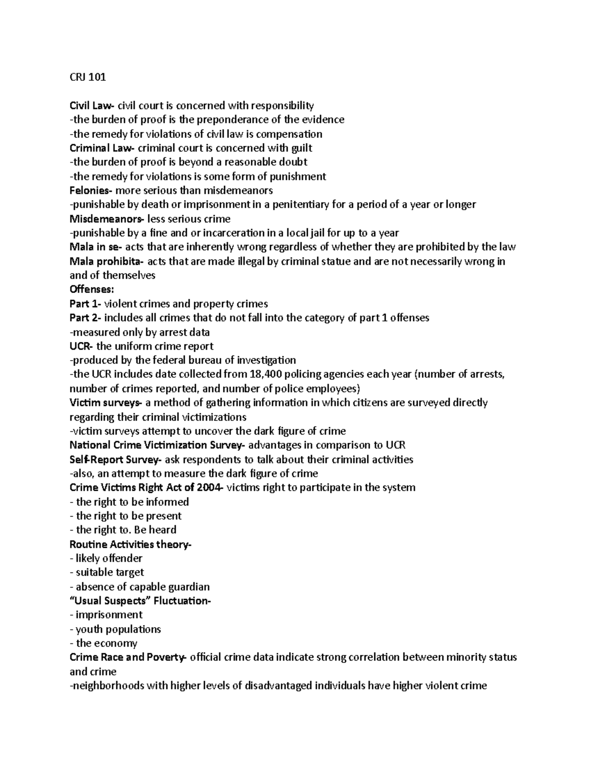 Criminal Justice Notes - CRJ 101 Civil Law- civil court is concerned ...