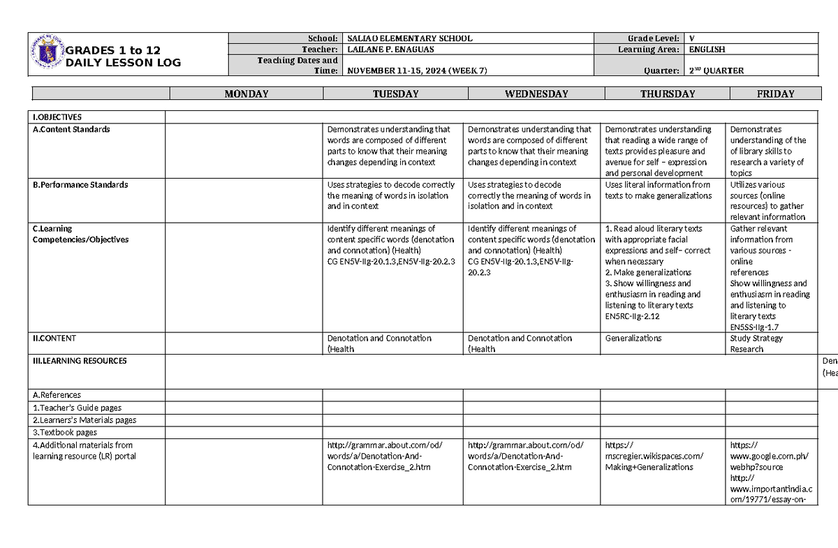 DLL English 5 Q2 W7 - Daily Lesson Log - GRADES 1 To 12 DAILY LESSON ...