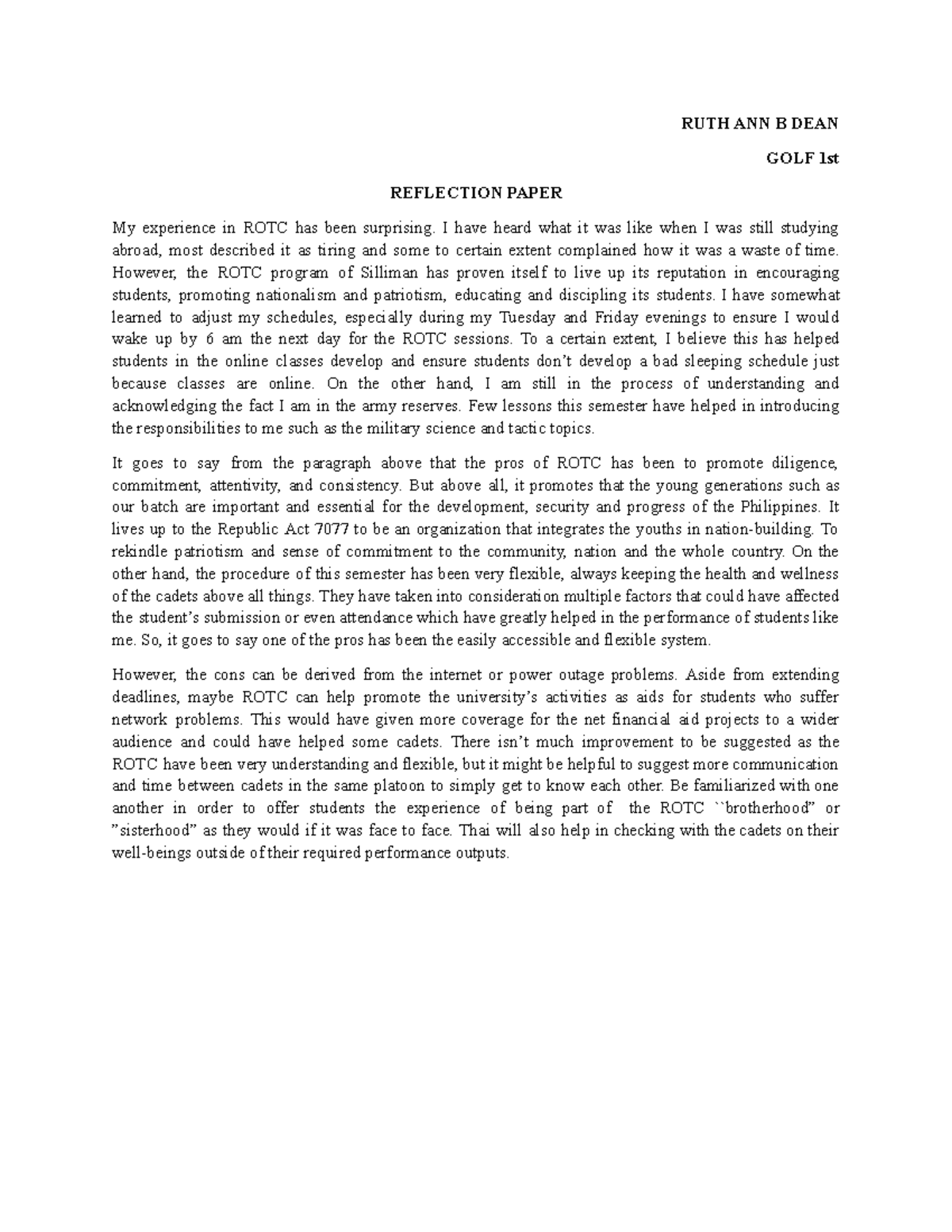 DEAN, RUTH ANN B - Grade: A - RUTH ANN B DEAN GOLF 1st REFLECTION PAPER ...
