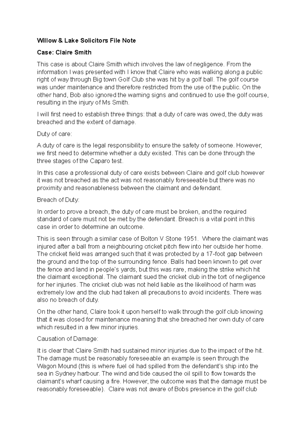 Claire Smith File Note - file note - Willow & Lake Solicitors File Note ...