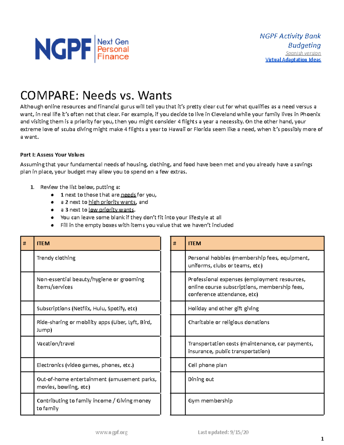 compare-needs-vs-wants-ngpf-activity-bank-budgeting-spanish-version