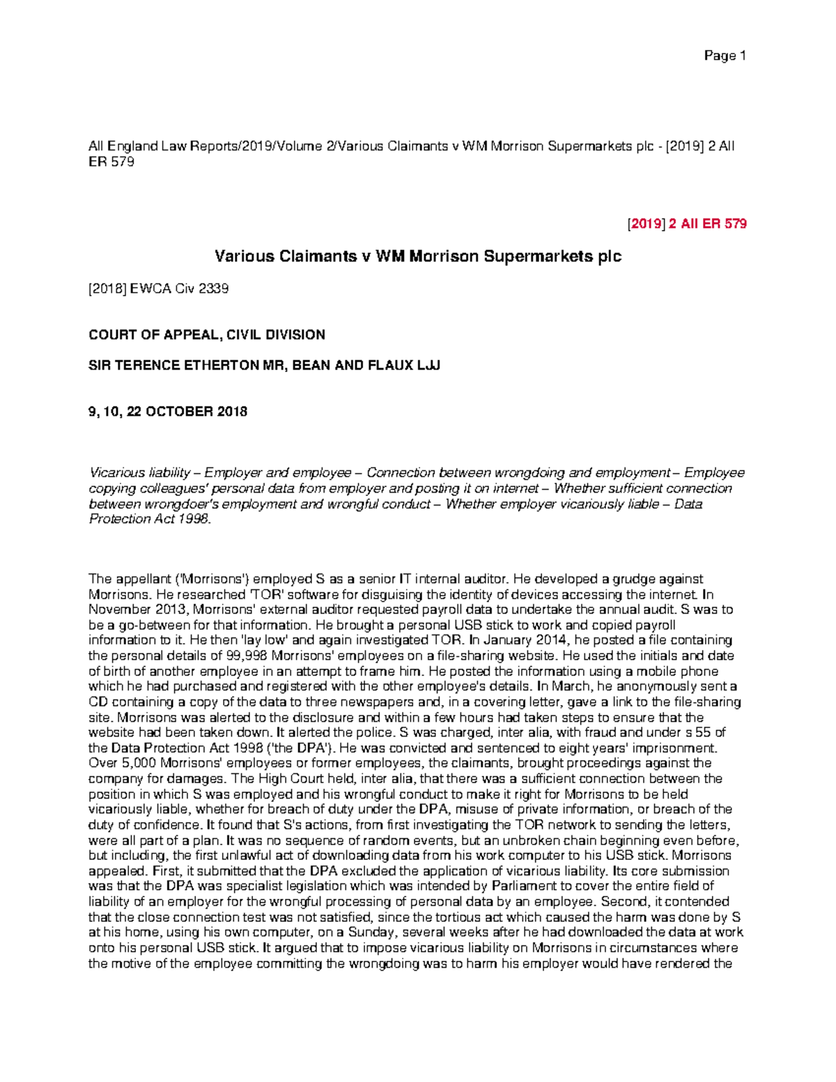 Various Claimants v WM Morrison Supermarkets The appellant