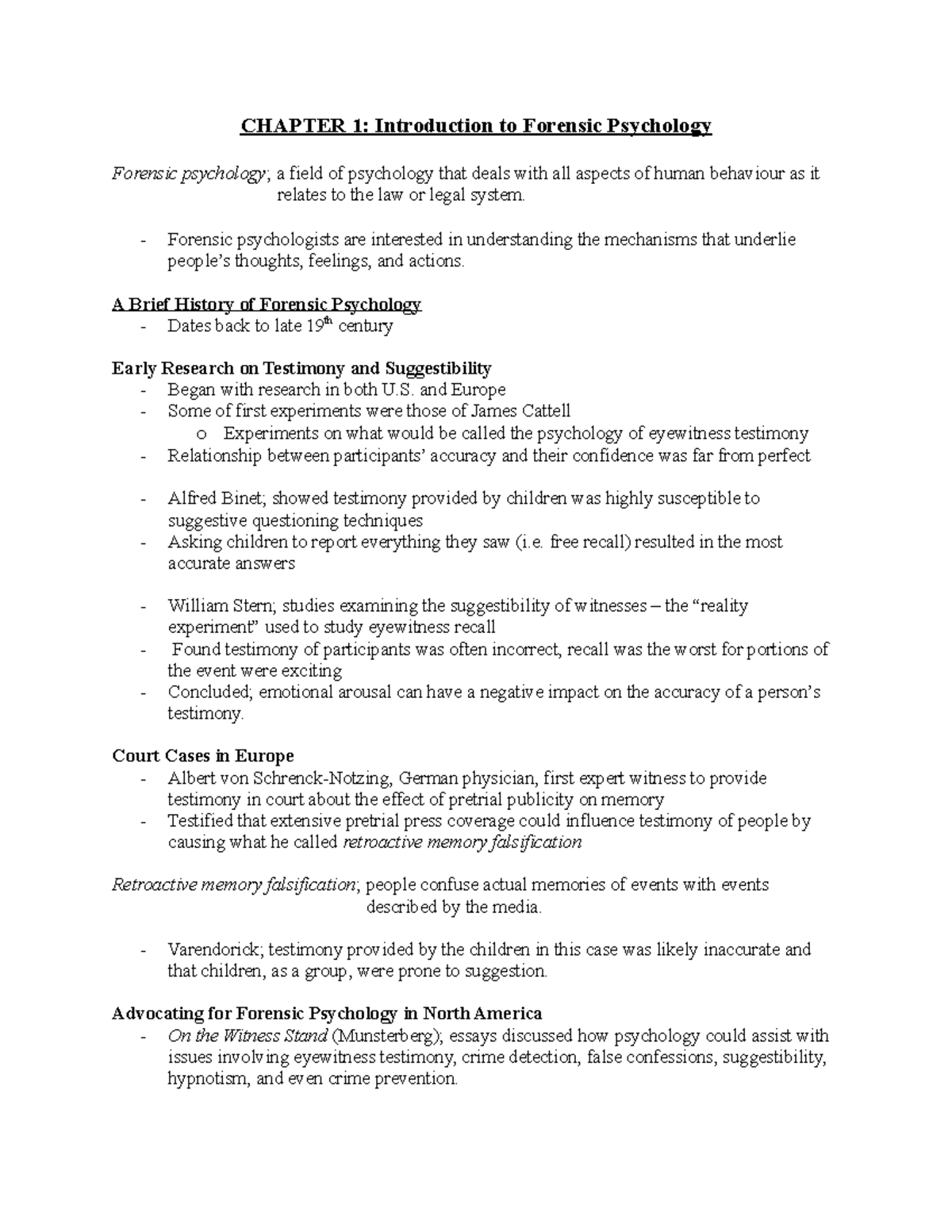Chapter 1 Notes - CHAPTER 1: Introduction to Forensic Psychology ...