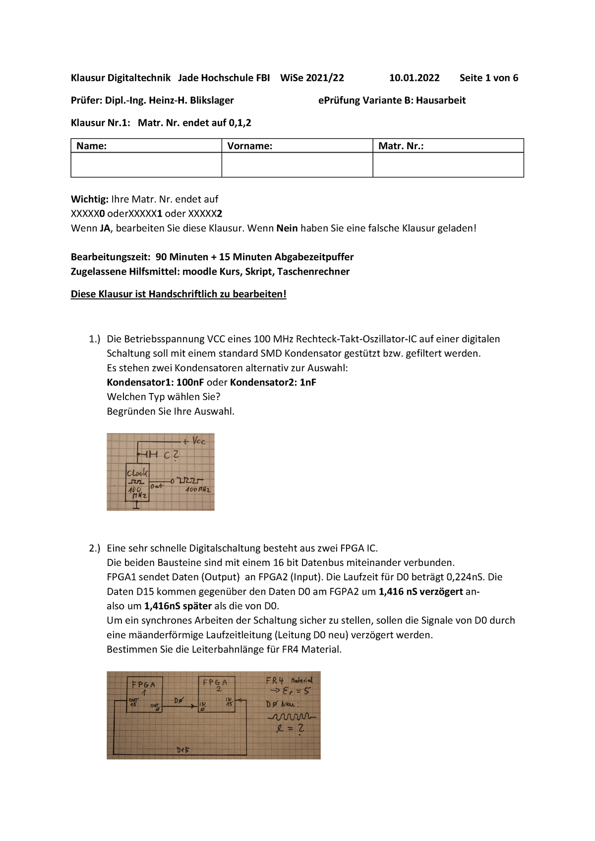 Klausur Digitaltechnik 1 Matr Nr 0 1 2 - Klausur Digitaltechnik Jade ...