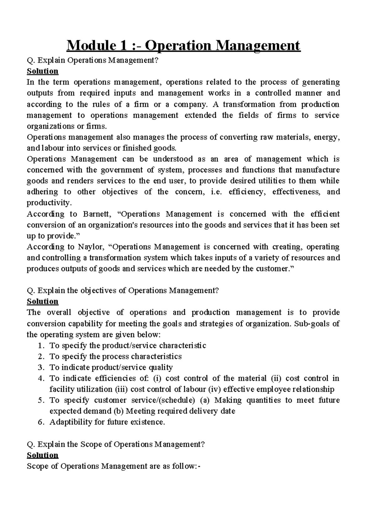 OSM - Module 1 :- Operation Management Q. Explain Operations Management ...