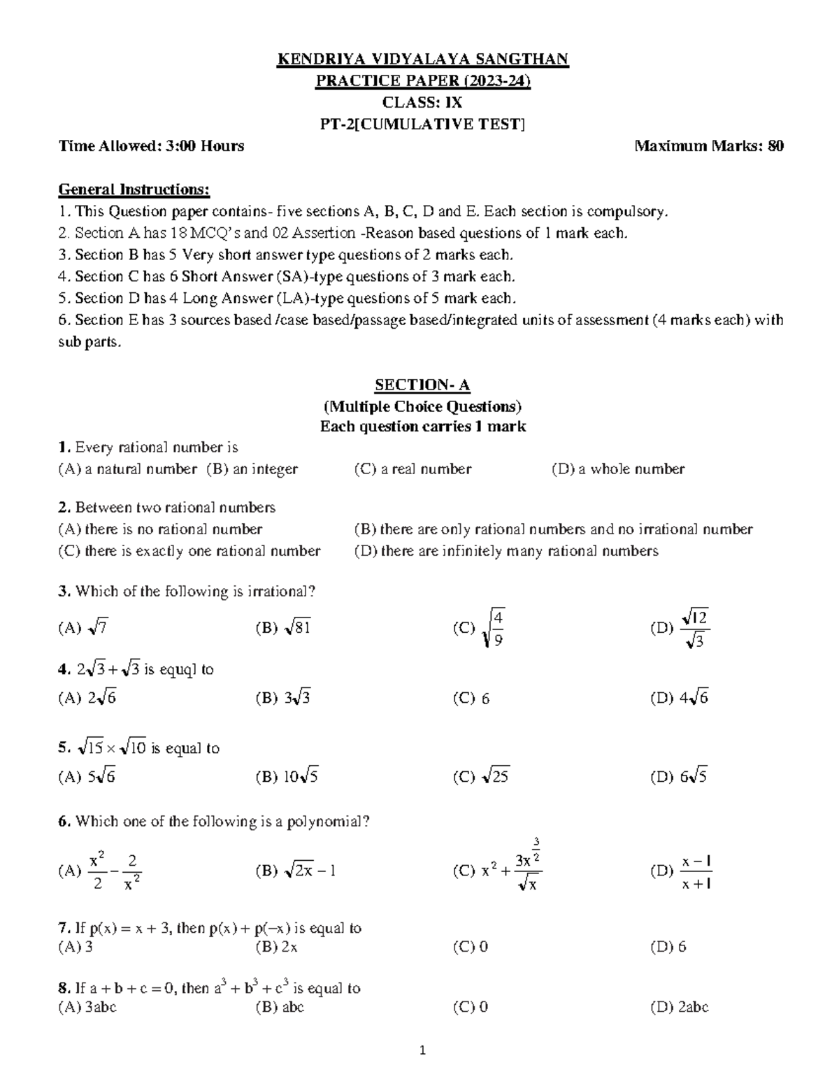 Practice Paper IX Maths PT 2 Cumulative TEST 202324 KENDRIYA