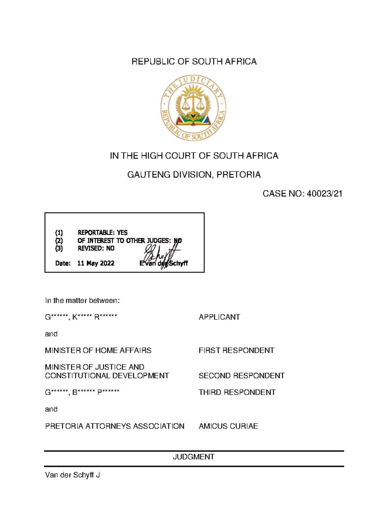 KRG v Minister of Home Affair REPUBLIC OF SOUTH AFRICA IN THE HIGH