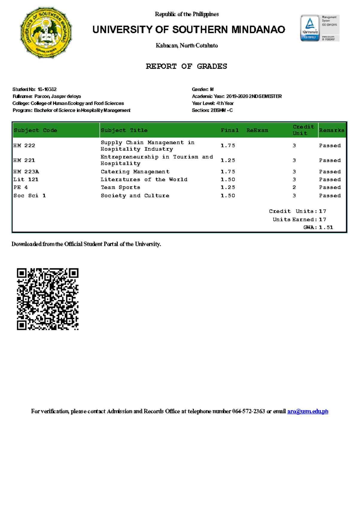 Report Of Grades - JJ BAREA - Republic of the Philippines UNIVERSITY OF ...