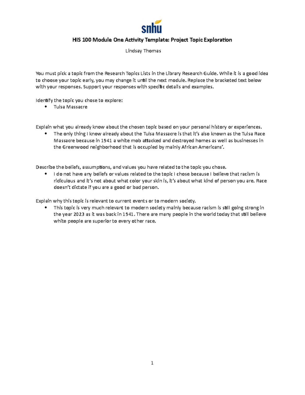 HIS 100 Module One Activity Lindsay Thomas - HIS 100 Module One ...