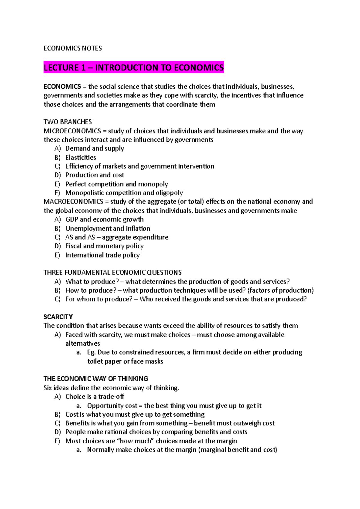 EFB231 Lecture 1 - ECONOMICS NOTES LECTURE 1 – INTRODUCTION TO ...
