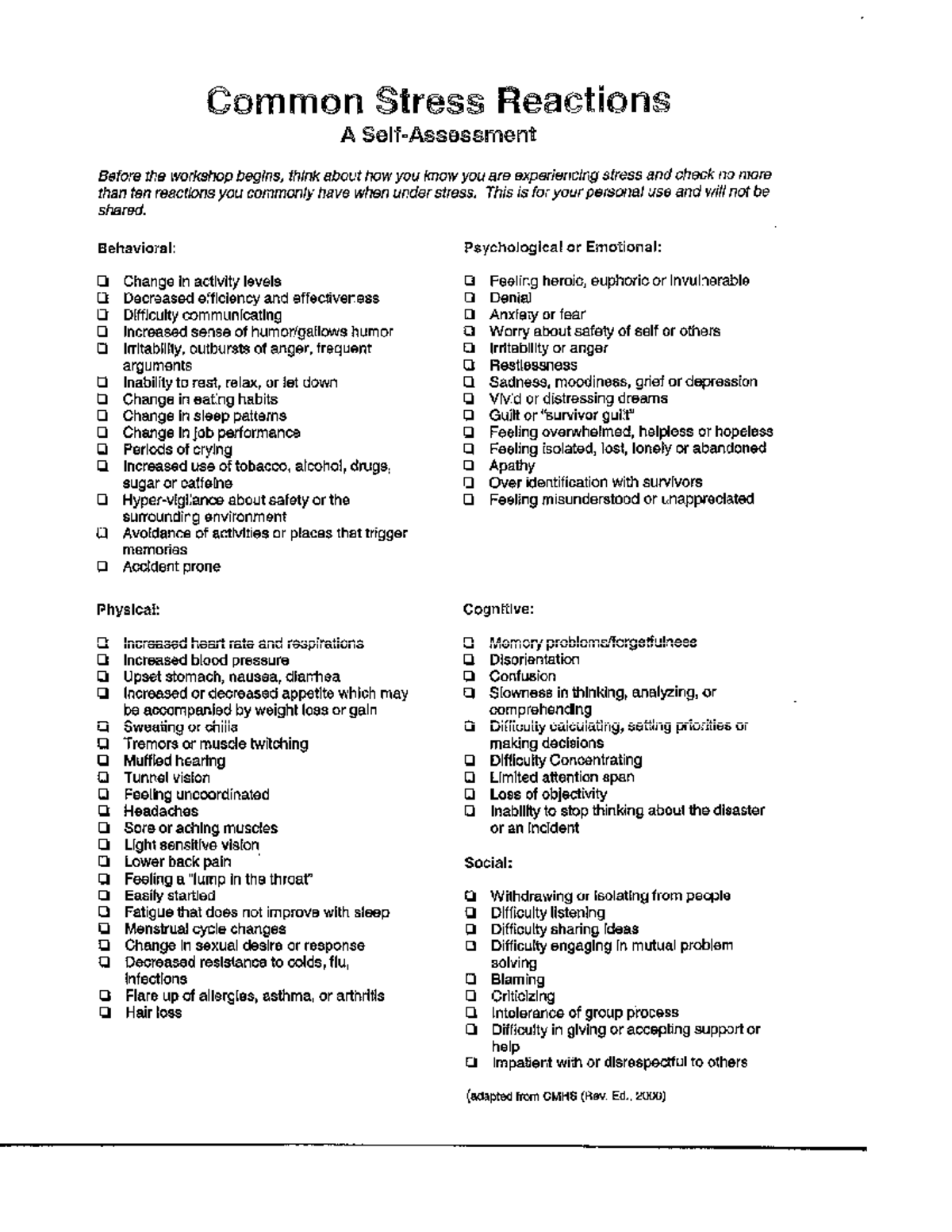 Common stress reactions Before the begins, think about how