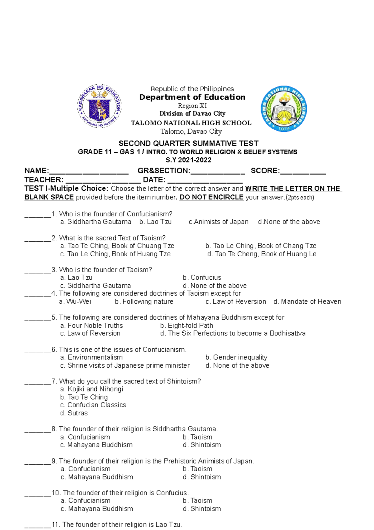2ND Summative TEST Grade 11 GAS1 SECOND QUARTER SUMMATIVE TEST GRADE