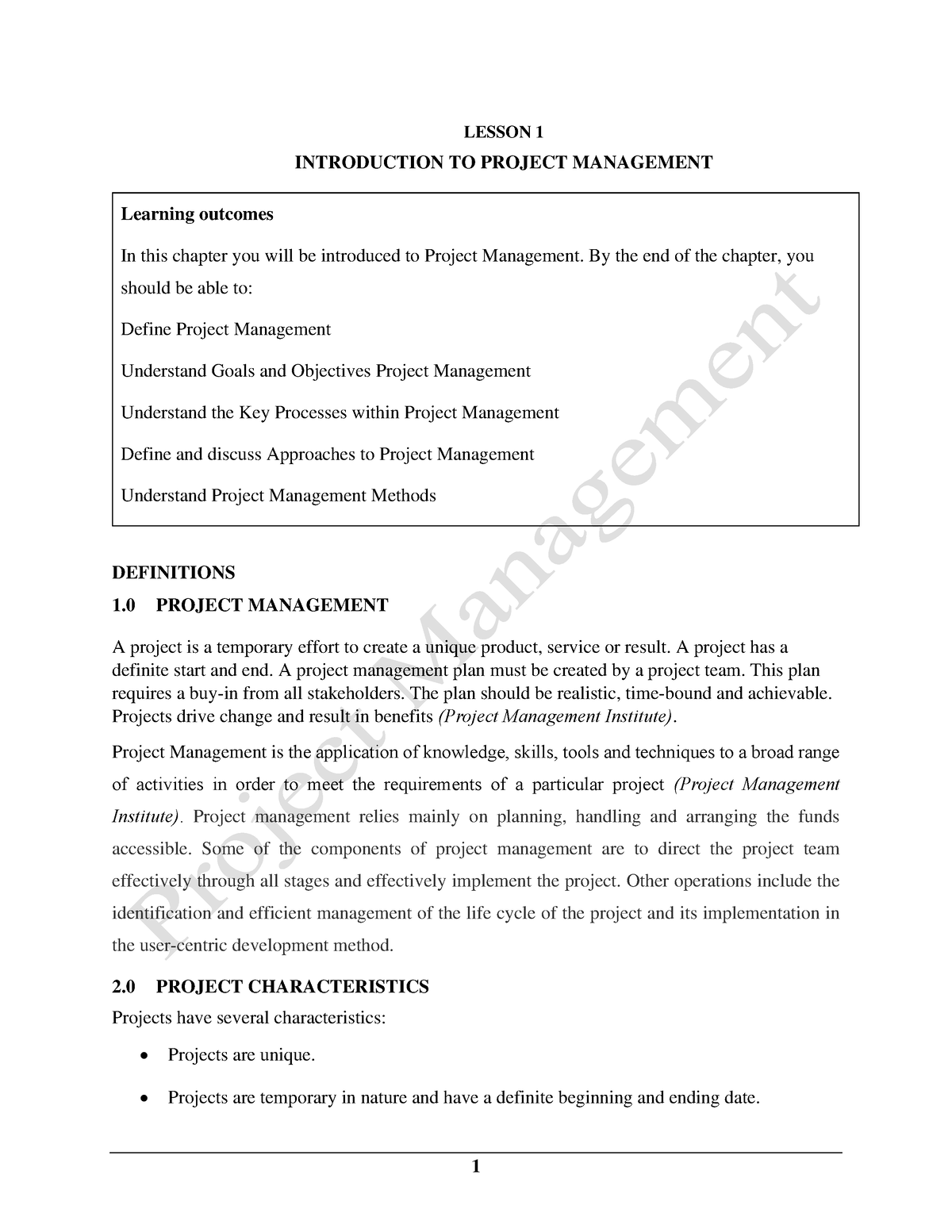 Lesson 1 Introduction TO Project Management - LESSON 1 INTRODUCTION TO ...