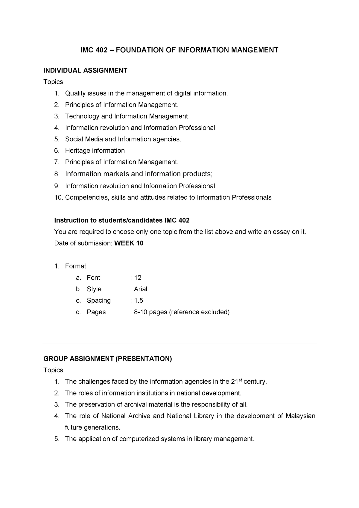 IMC 402 - Assignments ( Individual AND Group) September 2019 ...