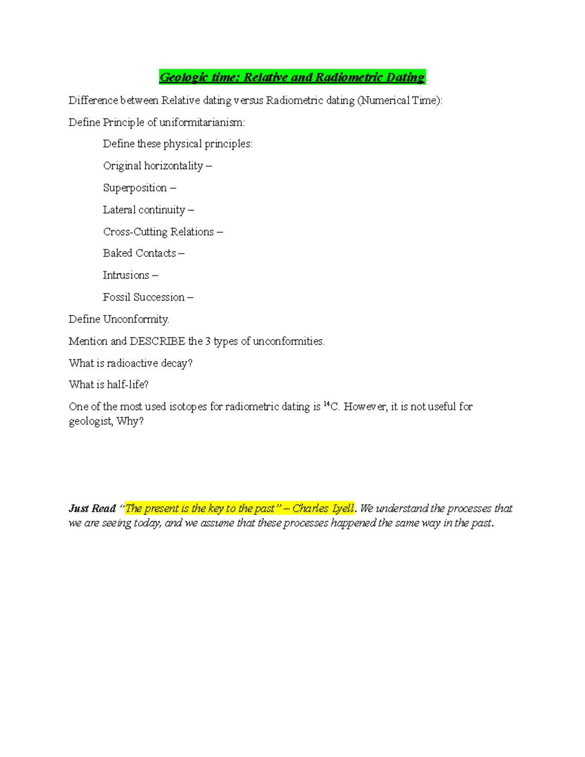 Study Guide Geologic Time Geologic time Relative and Radiometric