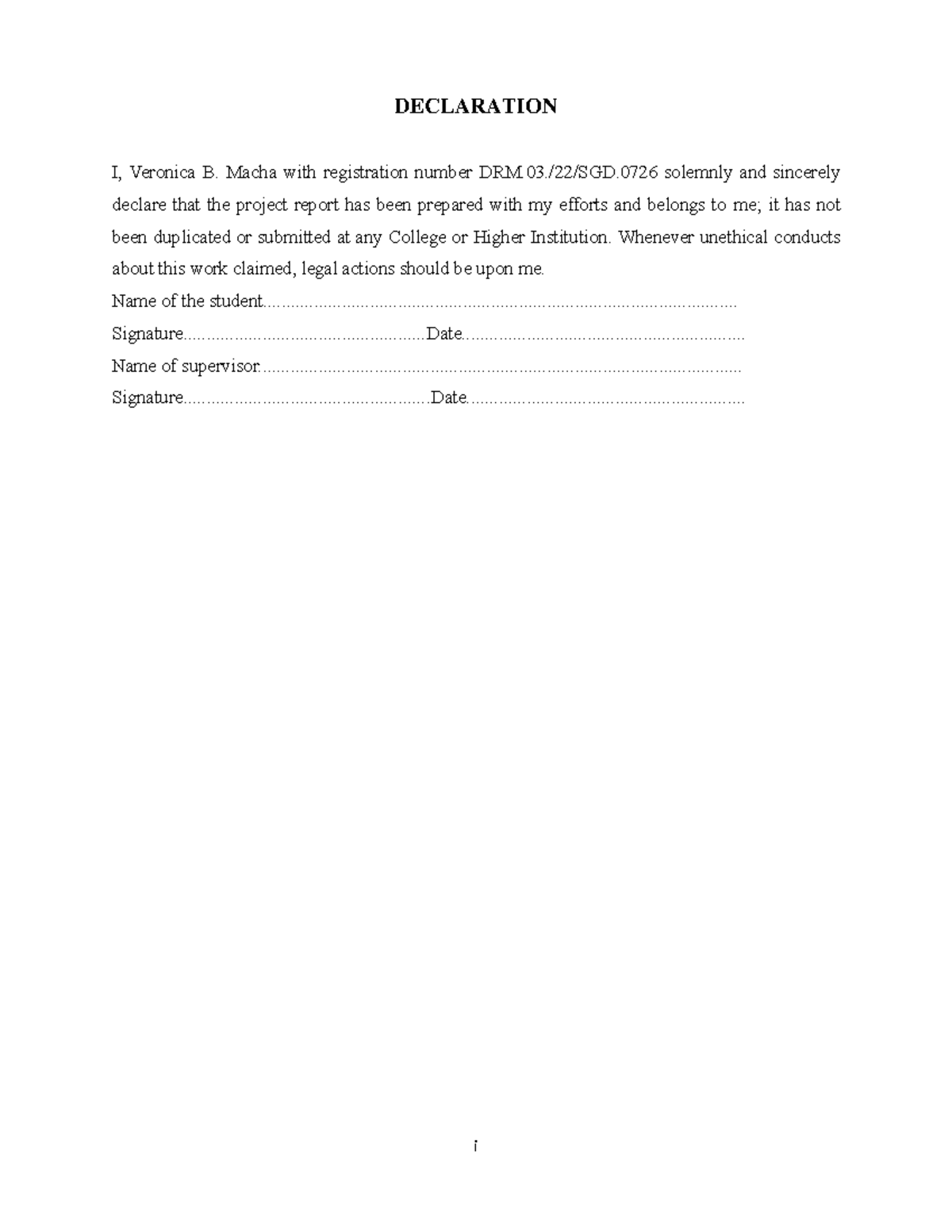 VM fnl 2000 - i DECLARATION I, Veronica B. Macha with registration ...