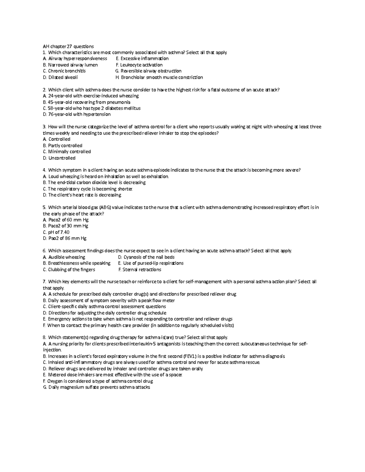 AH chapter 27 questions - AH chapter 27 questions Which characteristics ...