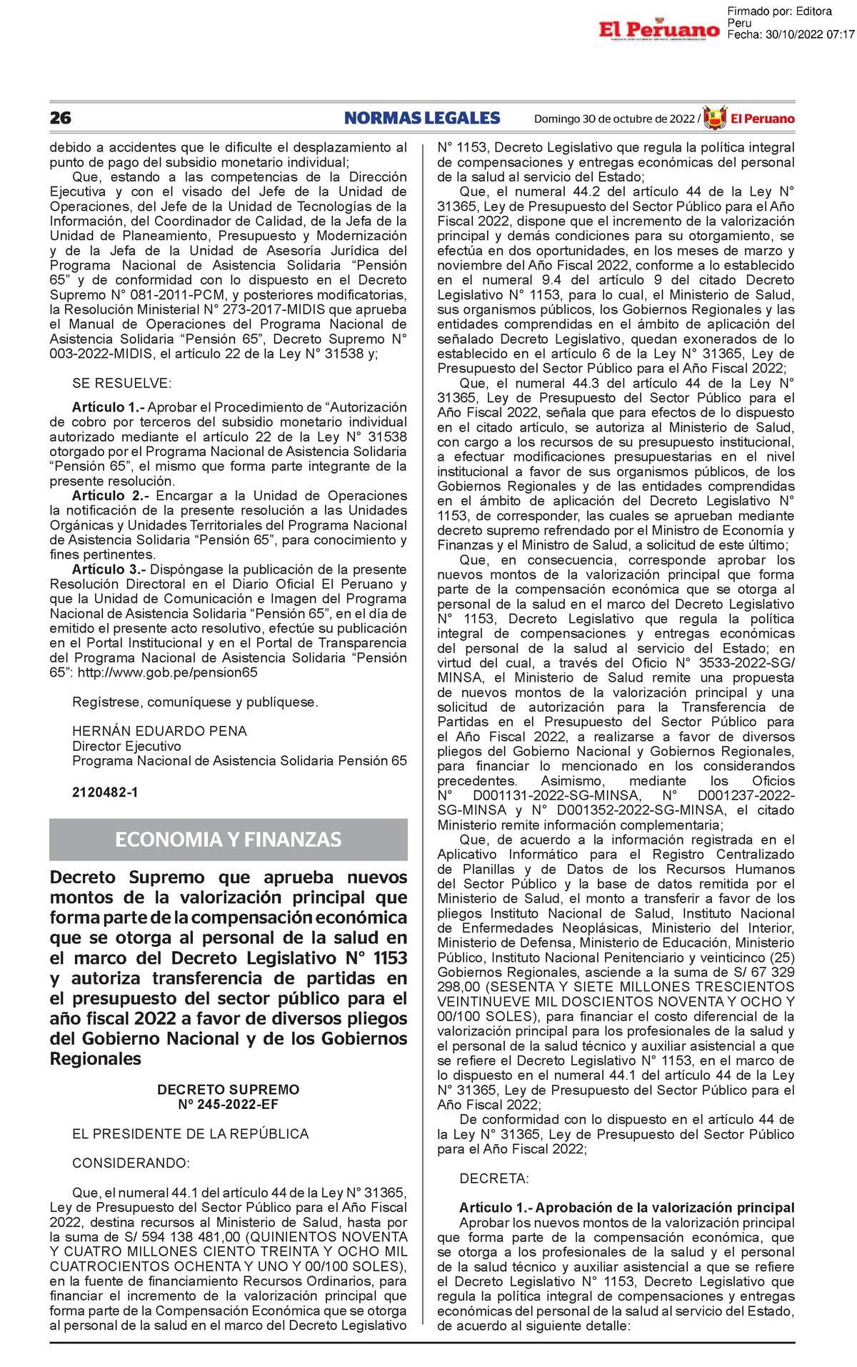 Decreto Supremo Que Aprueba Nuevos Montos De La Valorizacion Decreto Supremo N 245 2022 Ef 3036