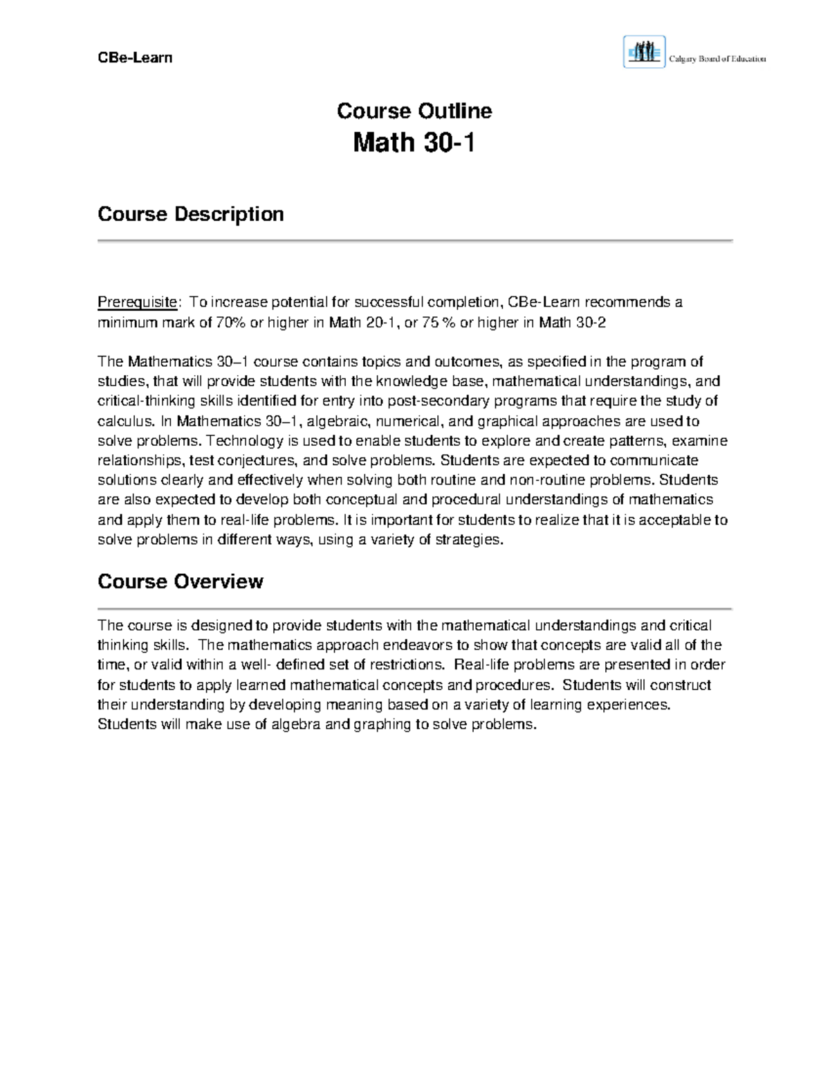 Alberta 301 MATH 301 Course Outline Math 30 Course Description