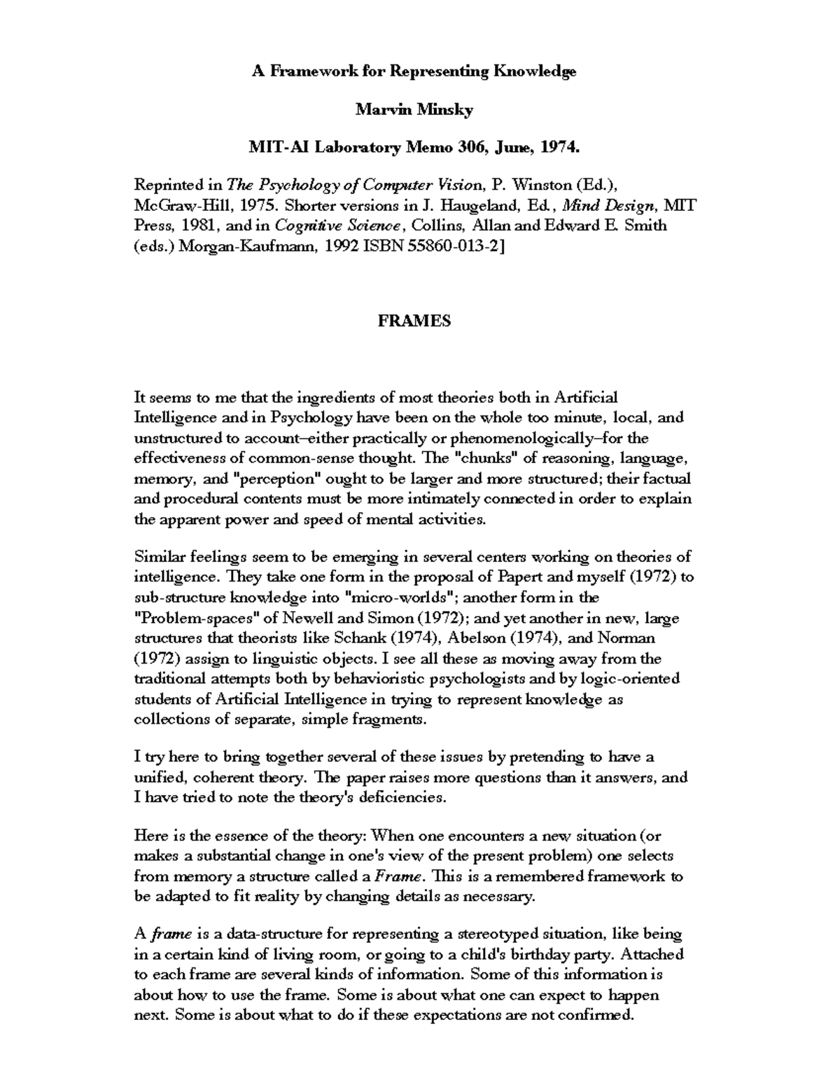 Minsky 1974 Framework for knowledge - A Framework for Representing ...