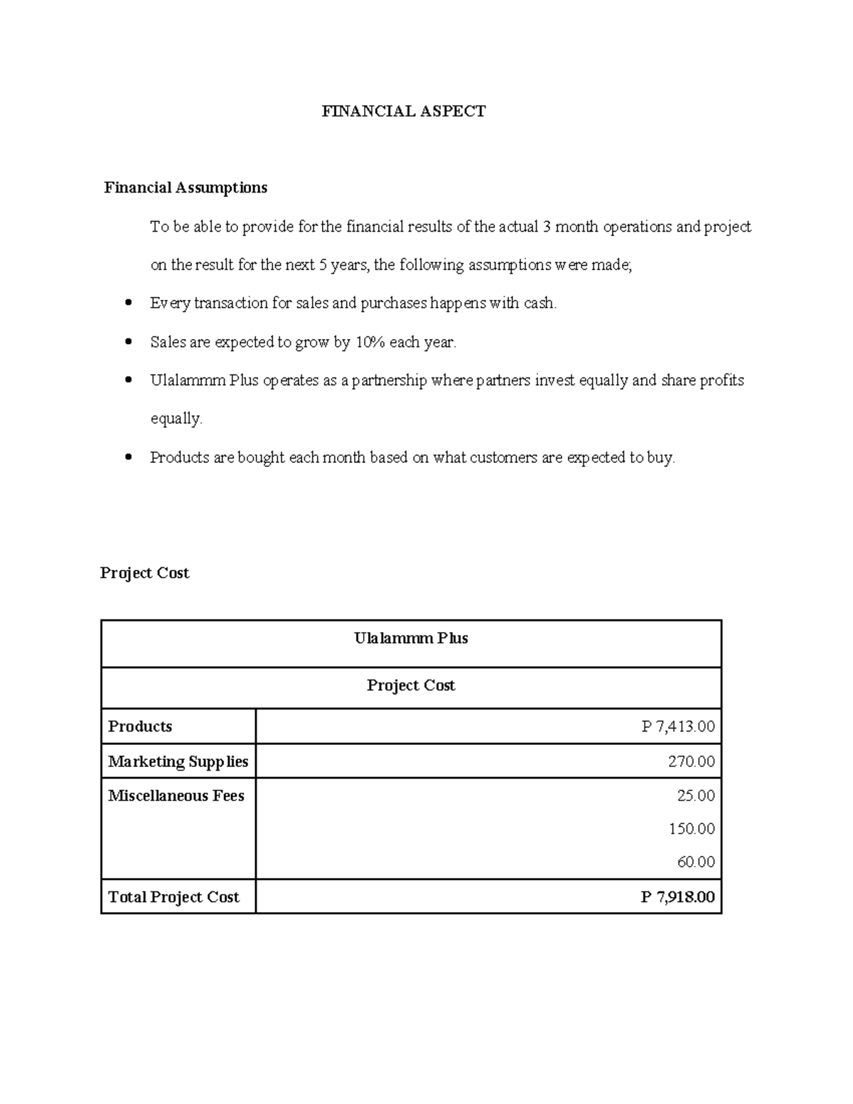 Financial-Aspect - Accounting - FINANCIAL ASPECT Financial Assumptions ...