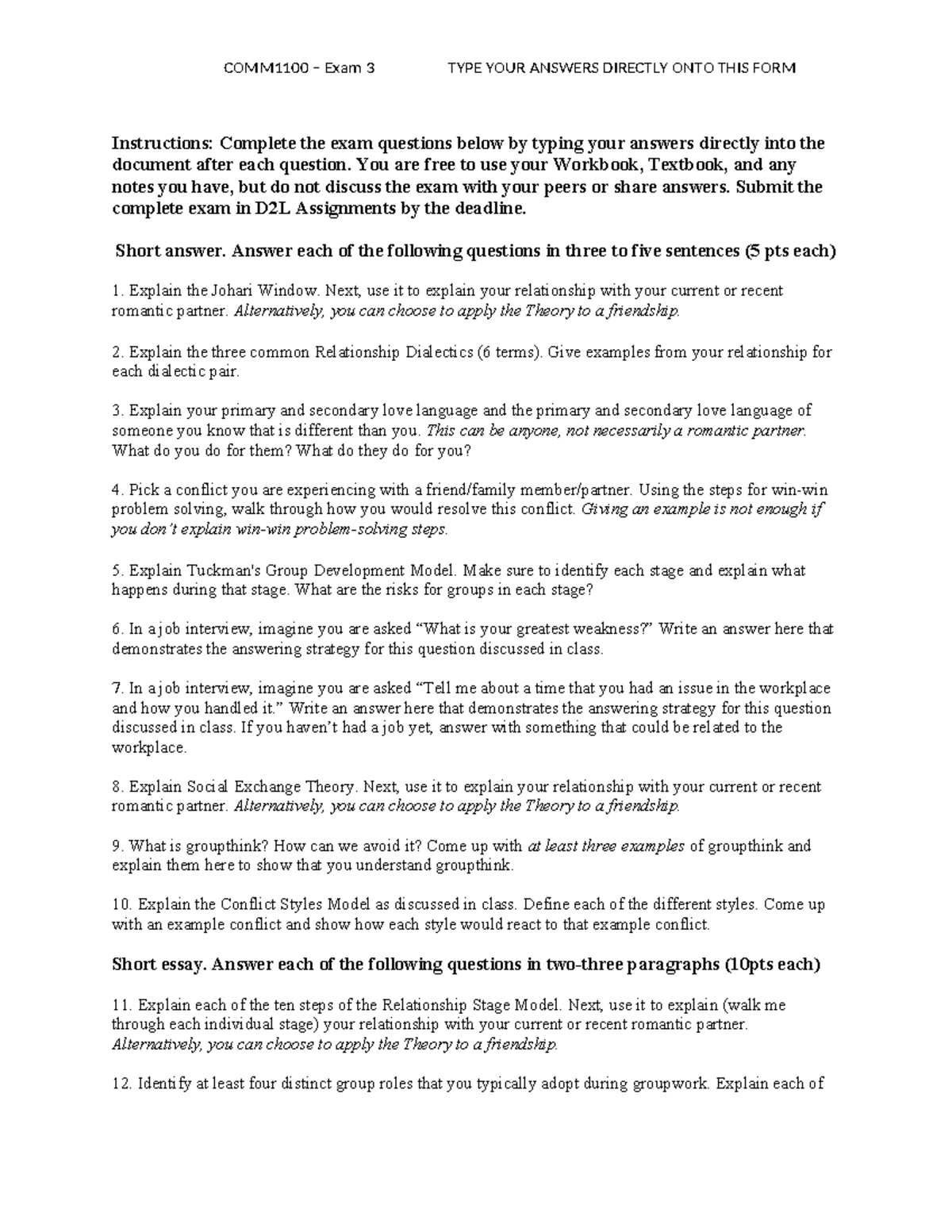 Human Comm - Exam C - Take Home Version - COMM1100 – Exam 3 TYPE YOUR ...