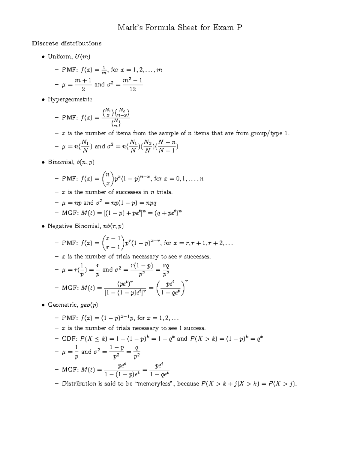 Formula Sheet for Exam P - Mark’s Formula Sheet for Exam P Discrete ...