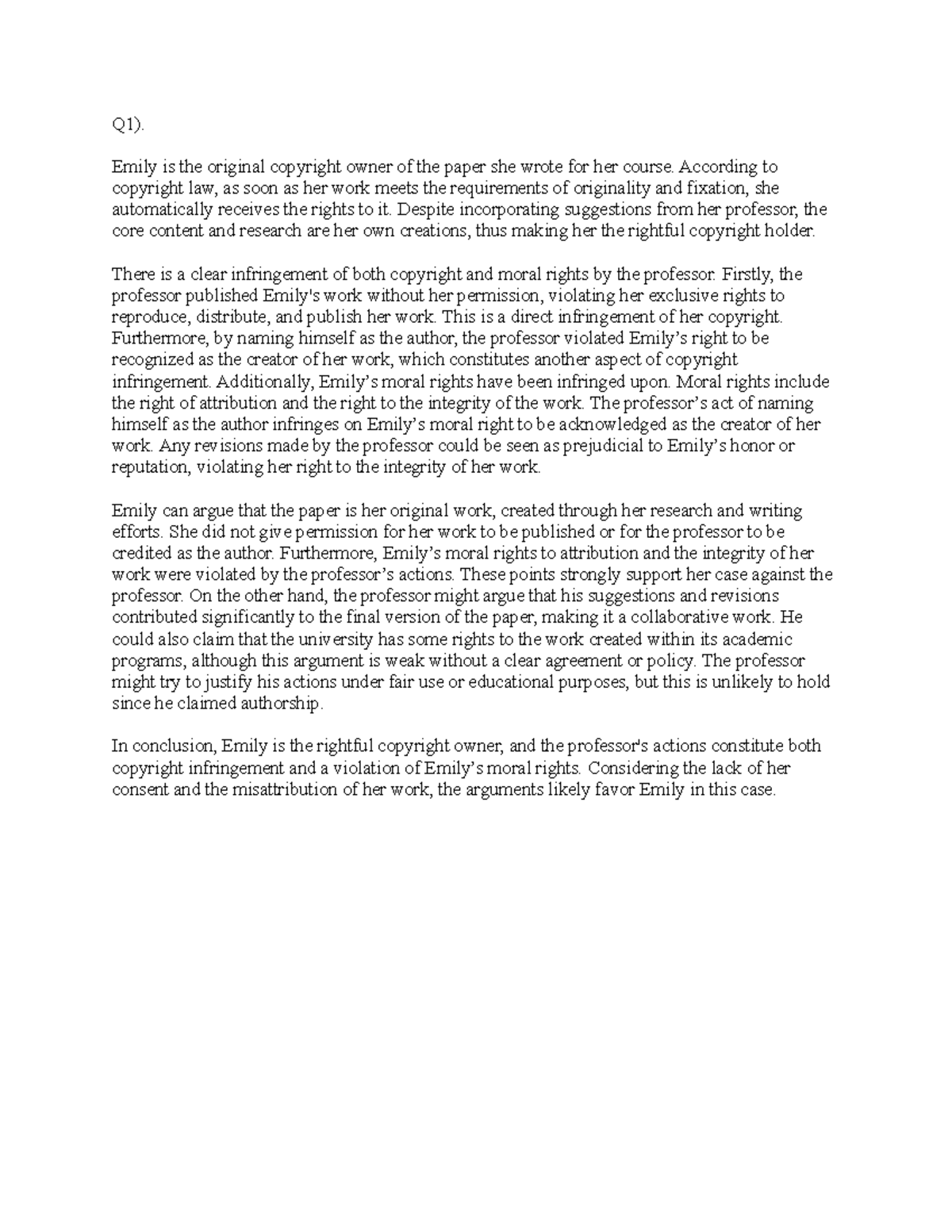 Final exam take home - exam questions - Emily is the original copyright ...