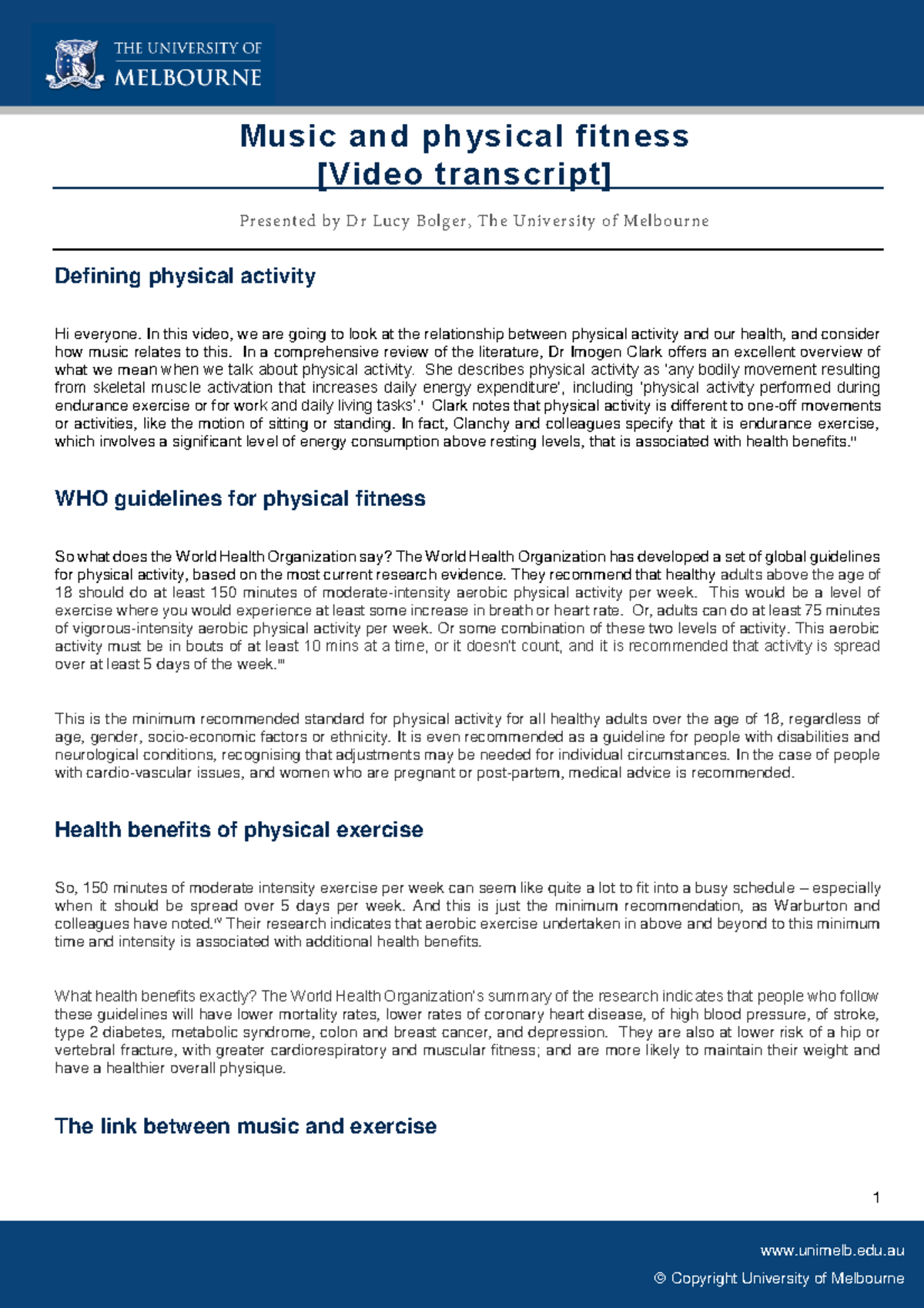 M2.1 Music and Physical Fitness unimelb.edu © Copyright University of Melbourne 1 Music and ph