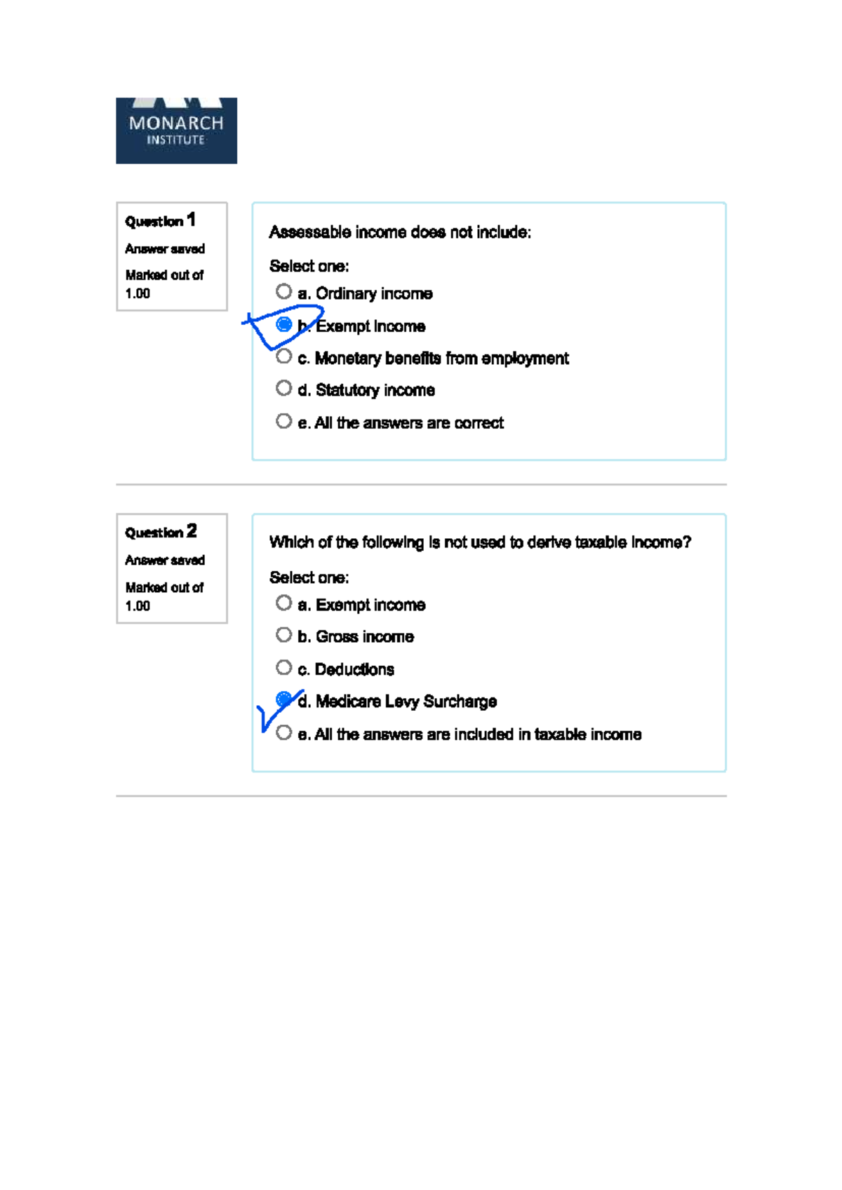 Quiz 1 - Prepare tax documentation for individuals - MONARCH INSTITUTE ...