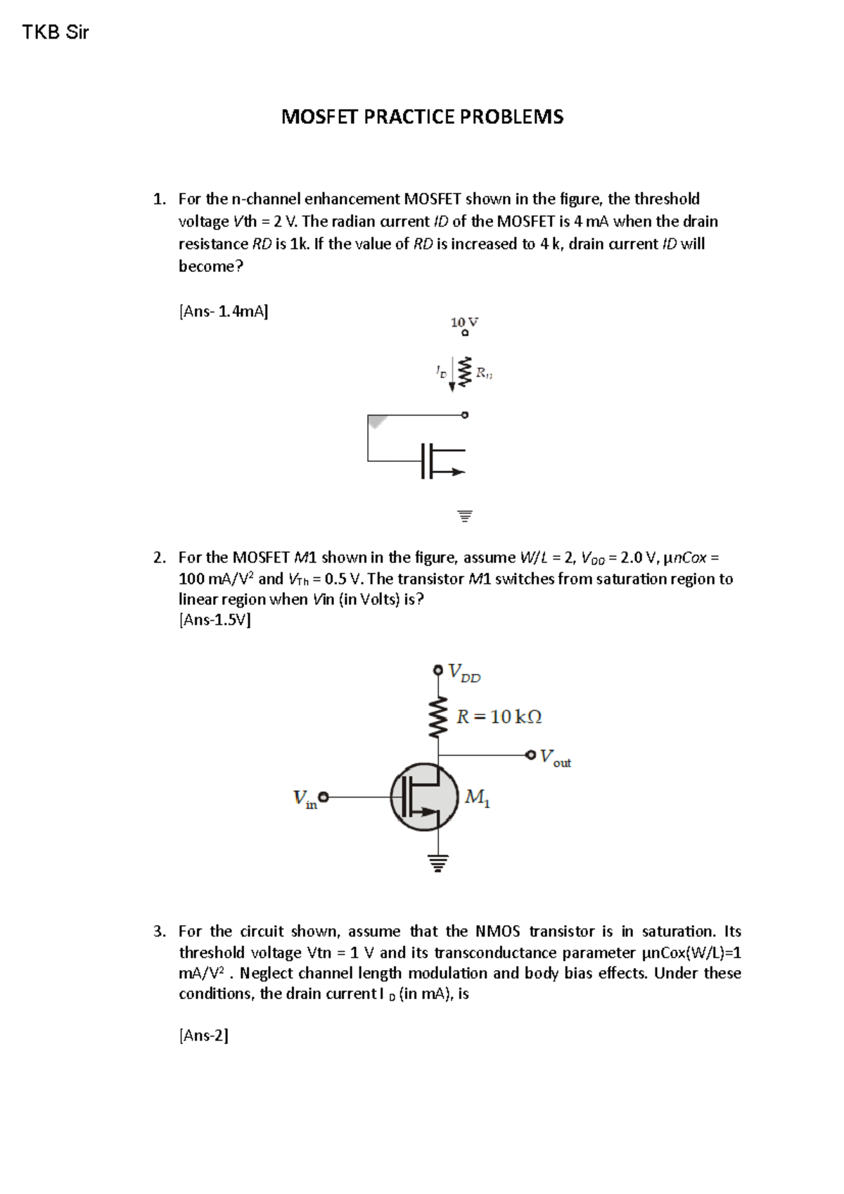 Mosfet Practice Problems TKB Sir MOSFET PRACTICE PROBLEMS For the n