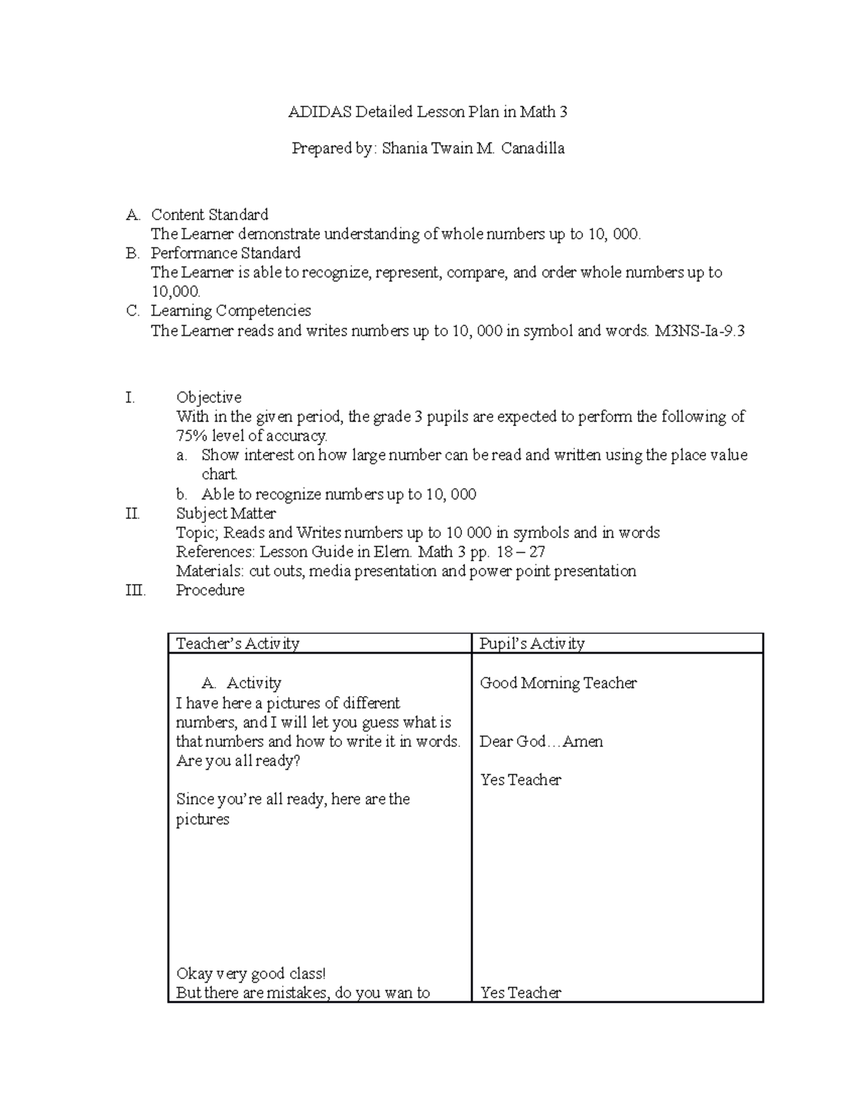 Adidas Detailed Lesson Plan in Math 3 ADIDAS Detailed Lesson Plan in