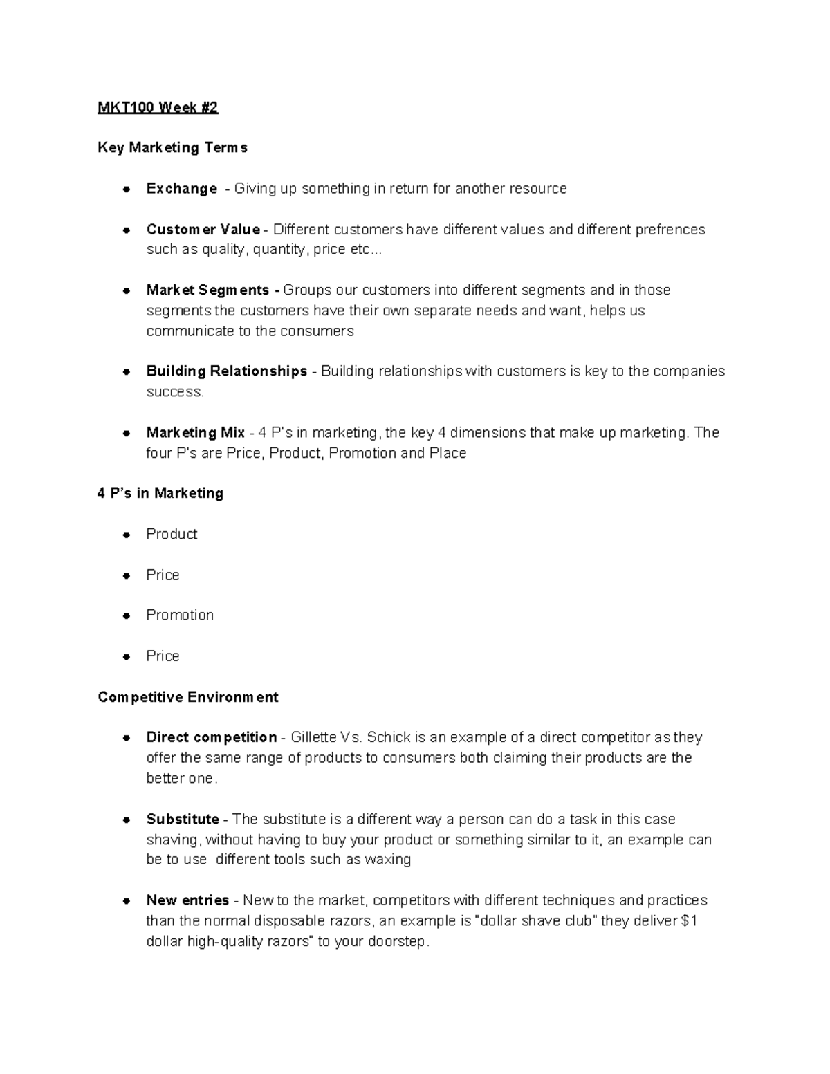 MKT100 - Lecture notes 1-7 - MKT100 Week # Key Marketing Terms Exchange ...