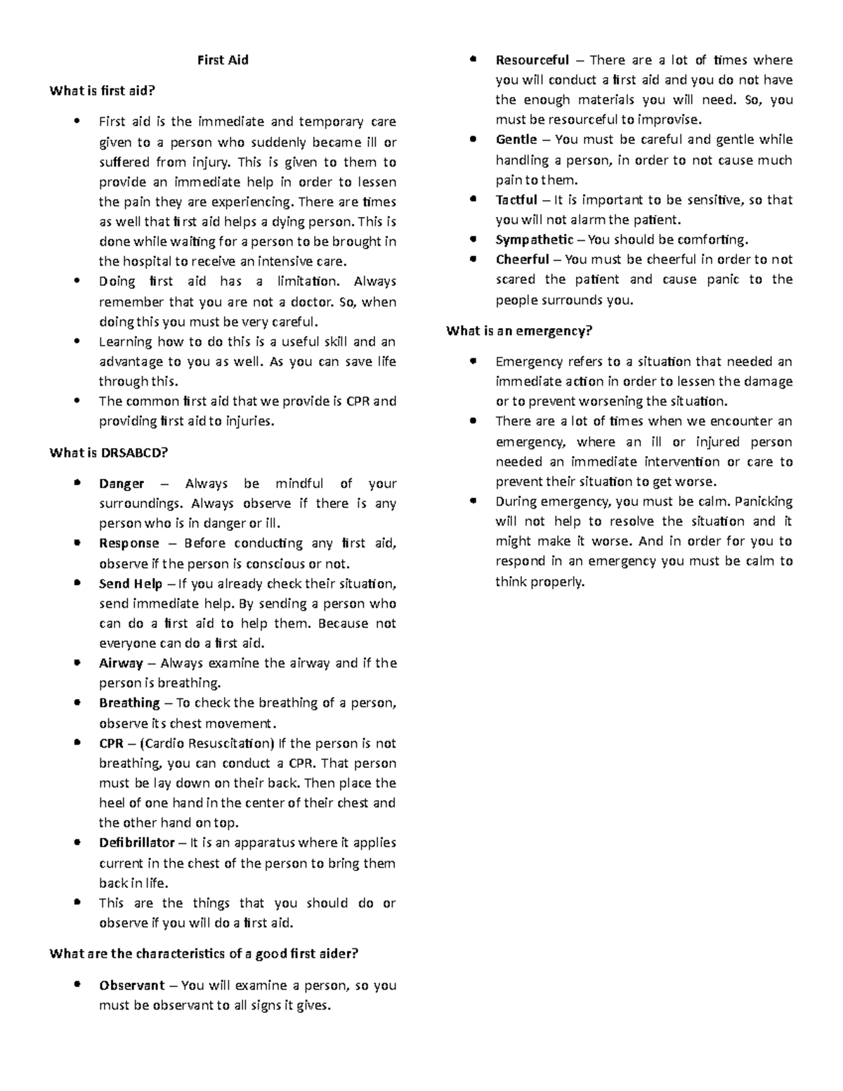 NSTP - Reviewer for Final Exam - First Aid What is first aid? First aid ...