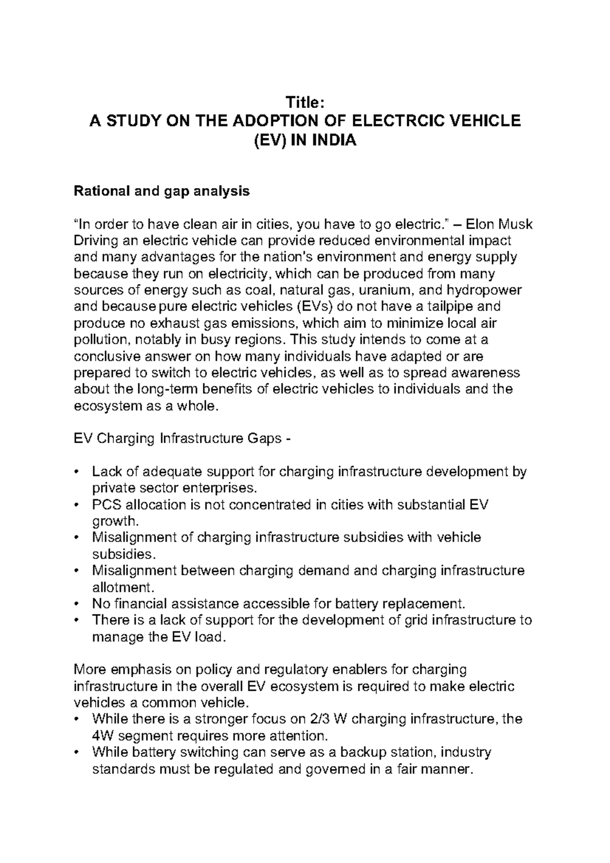 Adoption of Electric Vehicle (EV) in India - Title: A STUDY ON THE ...
