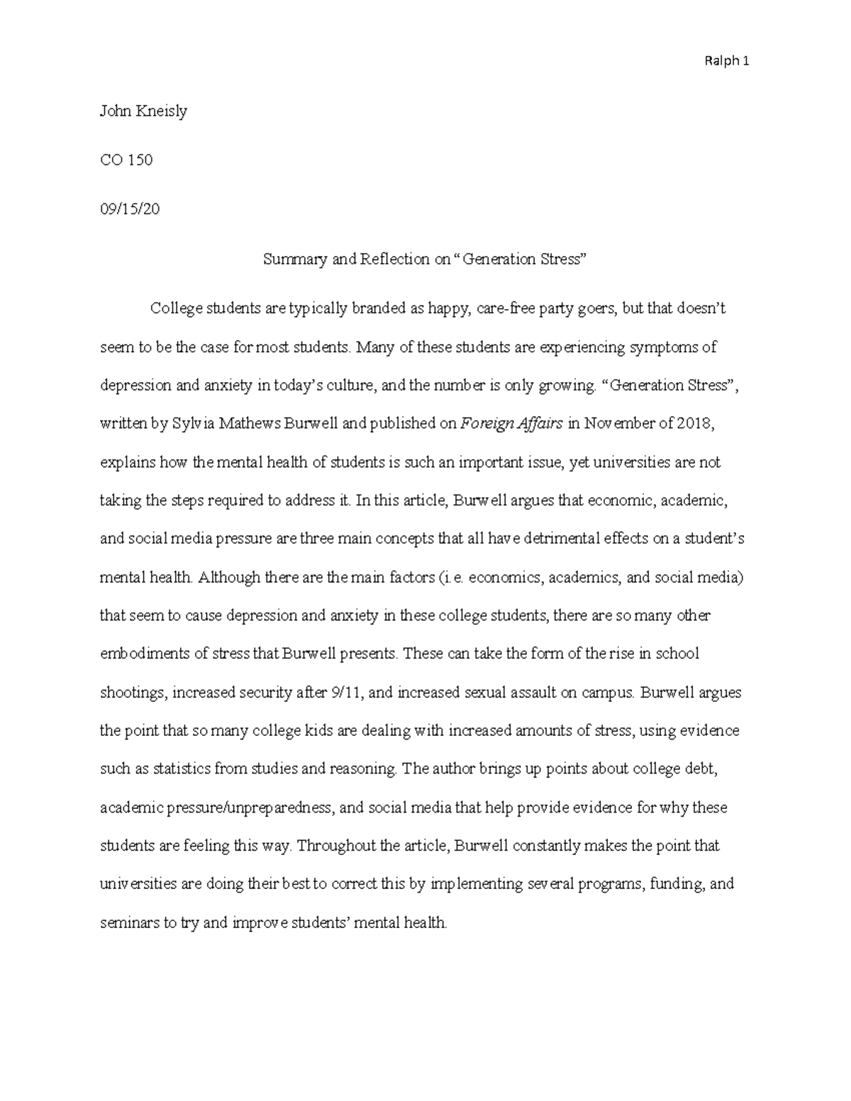 A1 Reflective Response - Ralph 1 John Kneisly CO 150 09/15/ Summary and  Reflection on “Generation - StuDocu