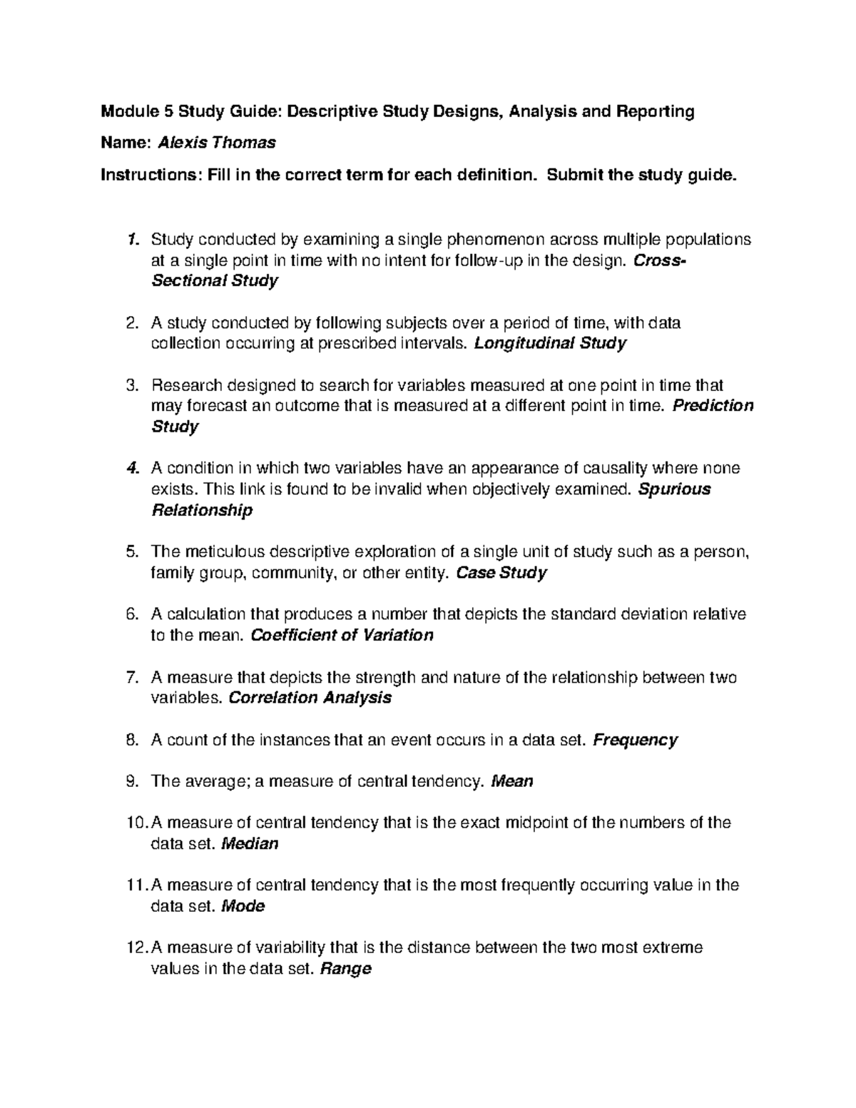 Module 5 Study Guide - A Thomas - Module 5 Study Guide: Descriptive ...