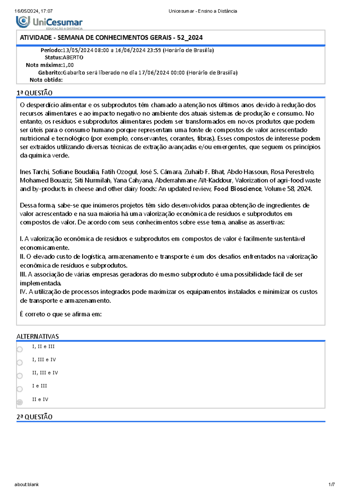 Questões - ATIVIDADE - SEMANA DE CONHECIMENTOS GERAIS - 52_ Período:13 ...