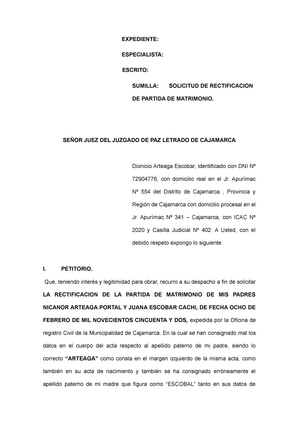 Rectificación de Acta de Matrimonio - EXPEDIENTE: ESPECIALISTA: ESCRITO:  SUMILLA: SOLICITUD DE - Studocu