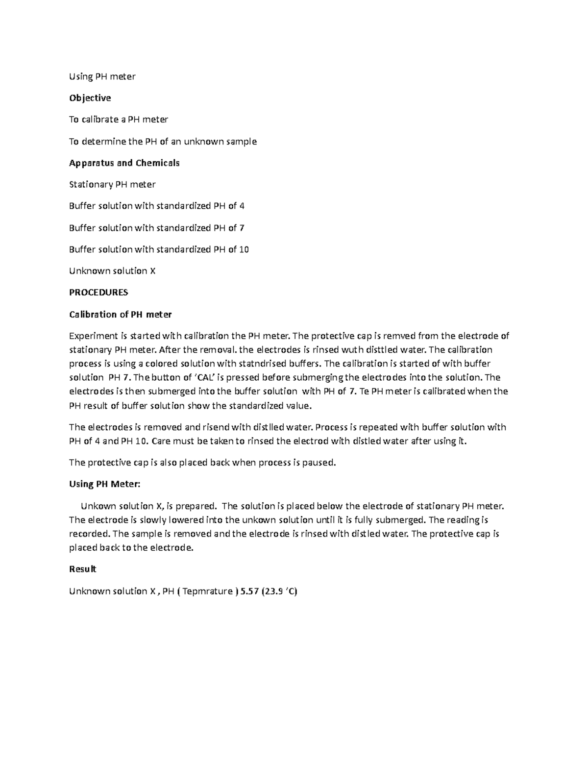 Using PH meter Manual Using PH meter Objective To calibrate a PH