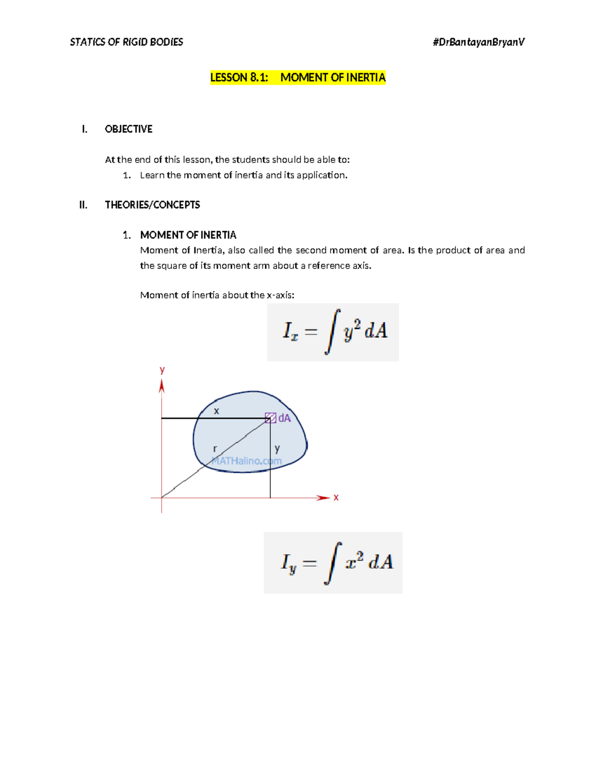 Lesson 8 - Math - LESSON 8: MOMENT OF INERTIA I. OBJECTIVE At the end ...
