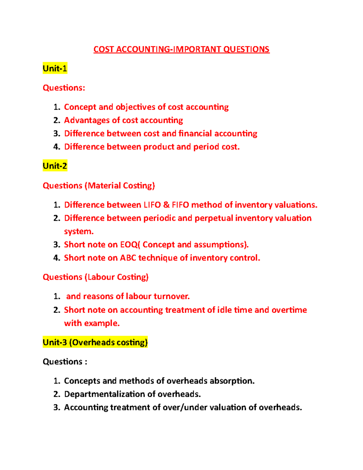 COST Accounting Important Questions COST ACCOUNTINGIMPORTANT