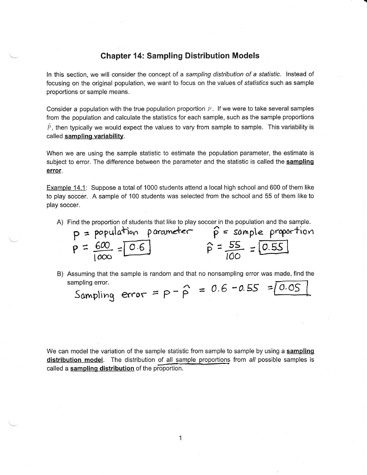 04 Chapter 14 Sampling Distribution Models Completed Notes Chapter 14 Sampling Distribution 