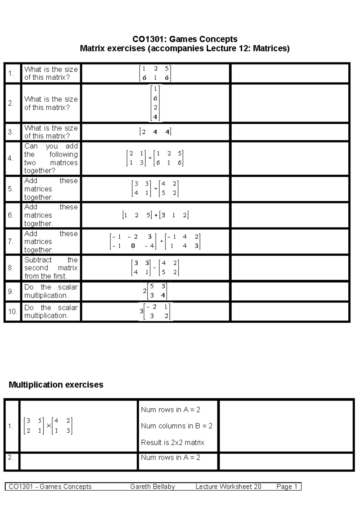 CO1301-12-Matrices Worksheet - CO1301: Games Concepts Matrix exercises ...